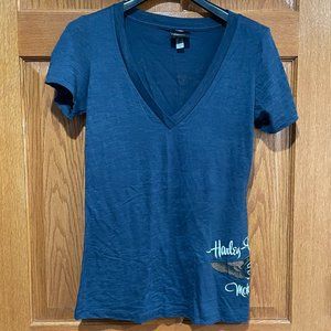HARLEY-DAVIDSON Womens L Blue Burnout V-Neck Short SleeveT-Shirt Shirt Fargo ND